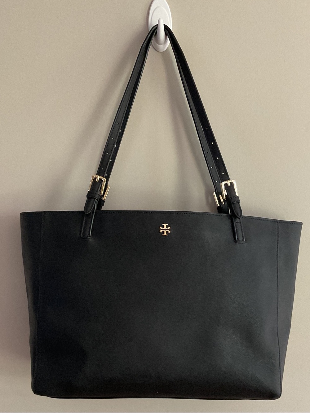 Tory Burch Black Saffiano Leather Tote Bag Gold Logo Large Work Tote